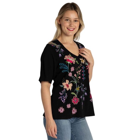 Johnny Was Maureen Trapunto 3/4 Tee Cotton Shirt Floral Embroidery Top Black NEW - Picture 7 of 13